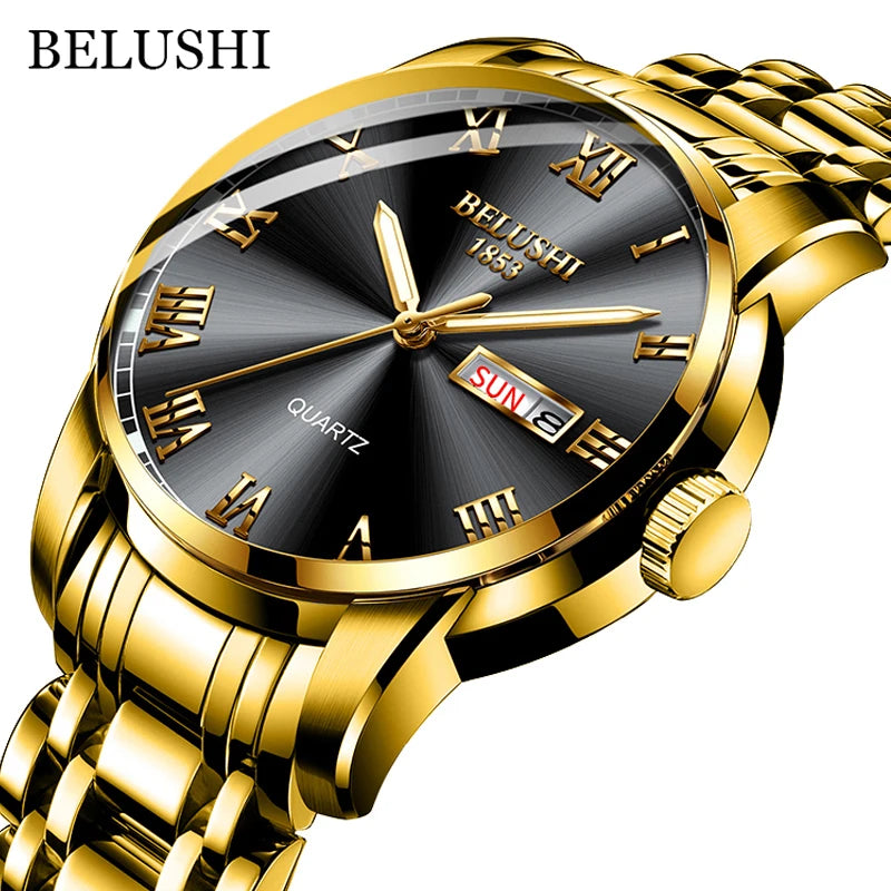 BELUSHI Newest Wrist Watches For Men Luxury Brand Business Stainless Steel Gold Male Watch Quartz Retro Roman Numerals Luminous