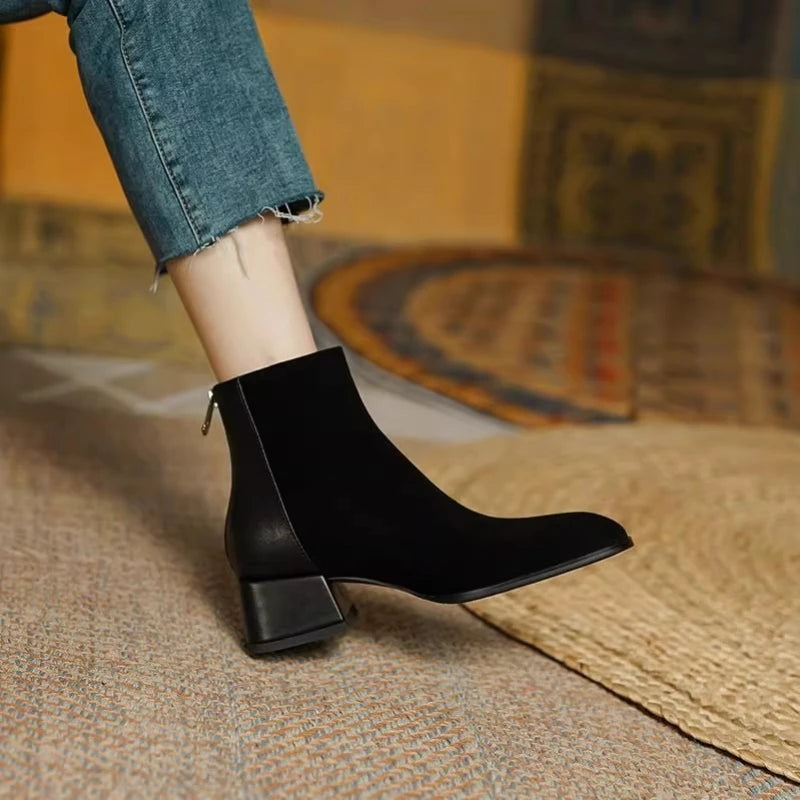 Women's winter boots fashionable round-toe modern leather suede blend ankle boots with zippers on the back, low heel nude boots