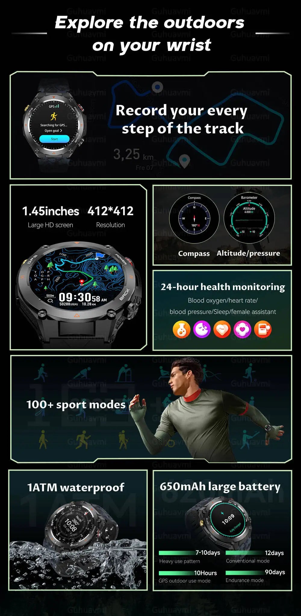 GPS Smart Watch Men Outdoor Digital Sports Fitness Smartwatch 650mAh AMOLED AOD Bluetooth Electronic Watch Women For Android IOS