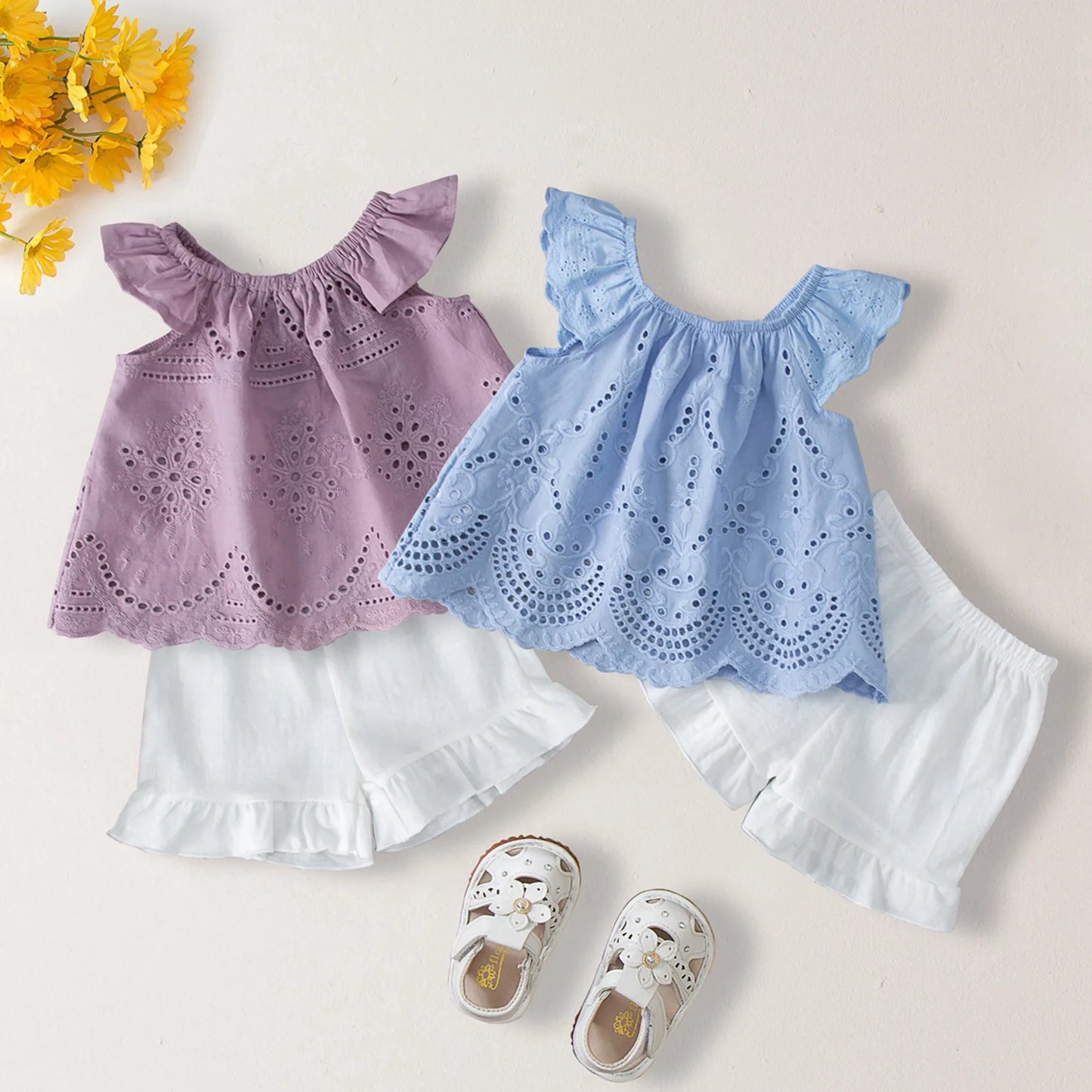 Conjuntos de ropa para niñas pequeñas, moda de verano 2024, Tops fruncidos de Color sólido + Pantalones cortos, conjunto de trajes de 2 piezas, ropa para niñas de 0 a 2 años 2024