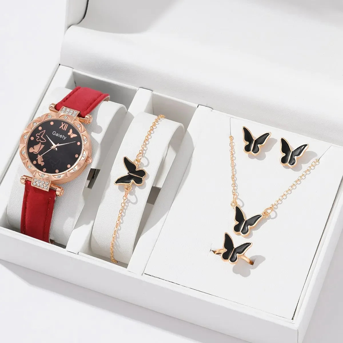 6pcs Luxury Watch for Women Ring Necklace Earrings Bracelet Set Watches Butterfly Leather Strap Ladies Quartz Wristwatch No Box