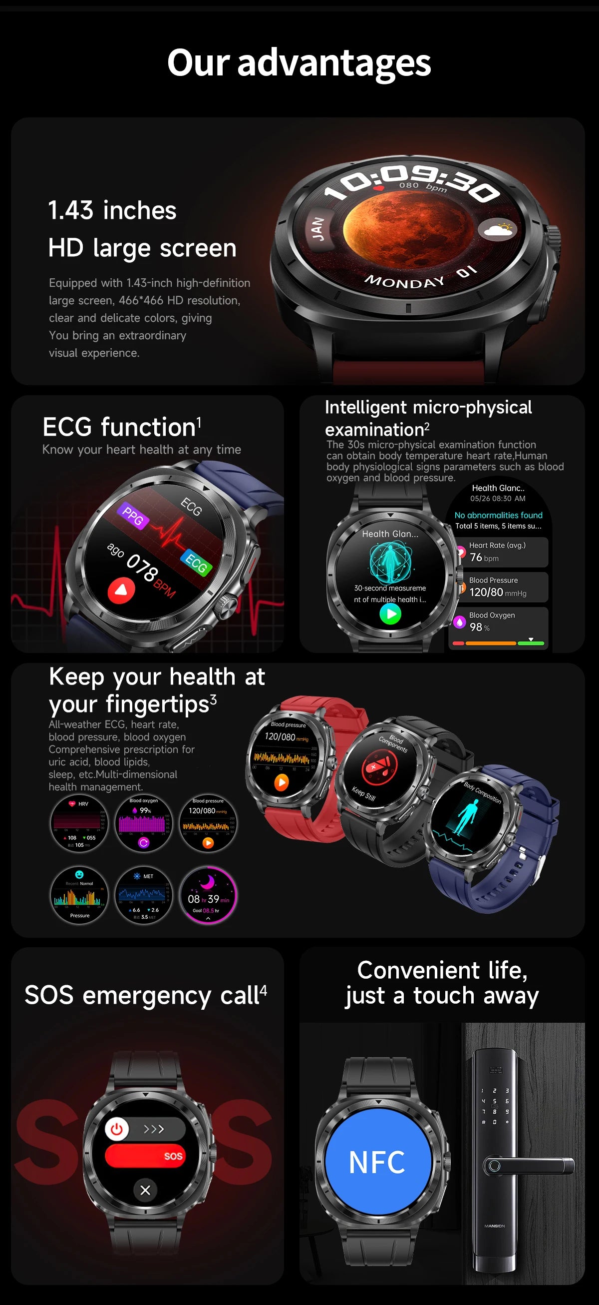 New Clinical level Smart Watch Men NFC ECG+PPG Organ monitor Blood Lipids Uric Acid Bluetooth Call Health Laser Therapy watches