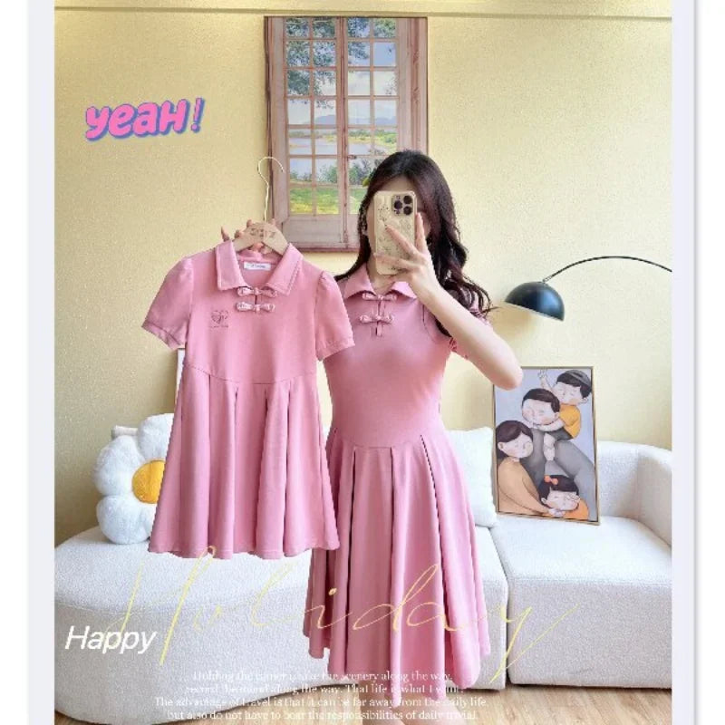 Family Set Clothes Chinese Mother and Daughter Matching Pink Dress Parent-child Outfit for Father and Son Clothes Women Dresses