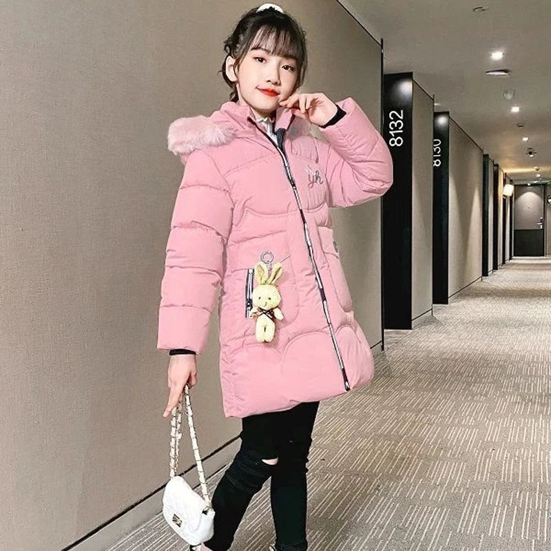 2024 New Winter Teenager Long Style Girls Jacket Keeping Warm Hooded WIndbreaker Coat For Girl Fur Collar Children Outerwear