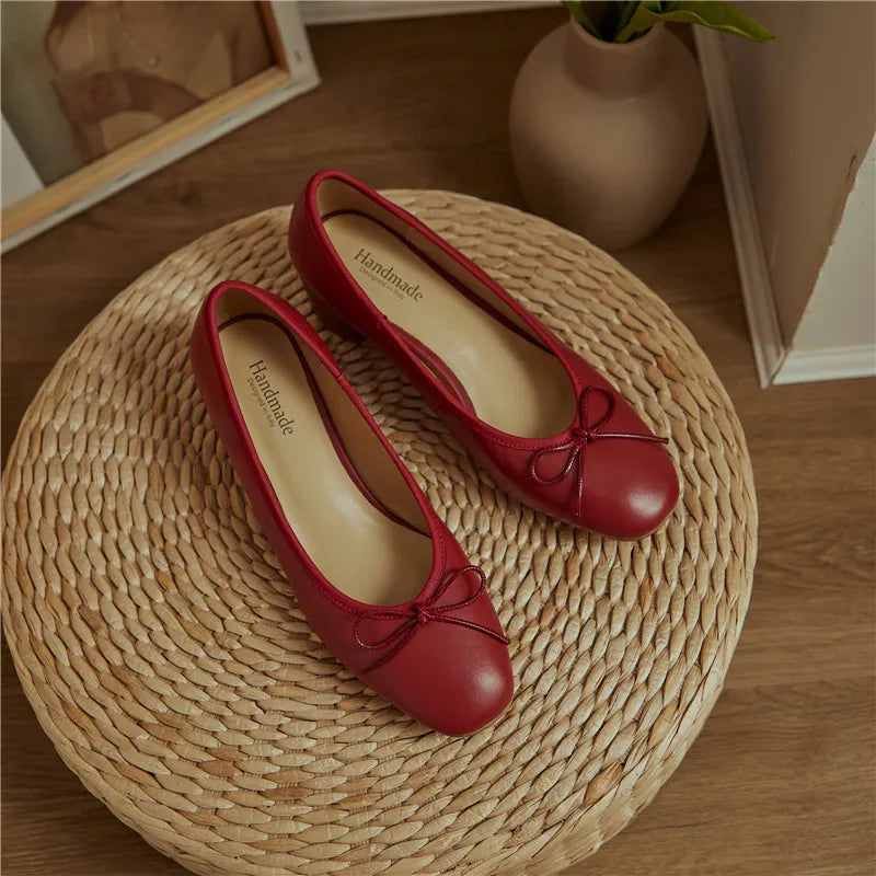 2025 Genuine Leather Women Shoes Fashion Butterfly-knot Spring and Autumn Pumps Slip-On Casual Shoes Chunky Heel Size 34-40