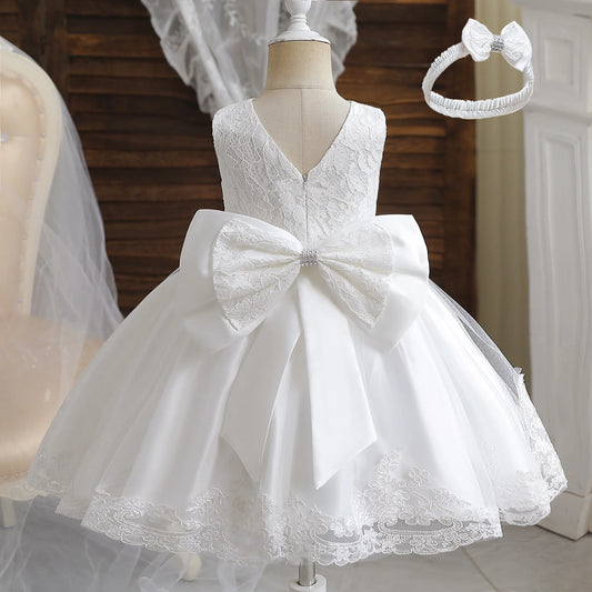 Lace Flower Girl Dresses Big Bow White Baptism Clothes for 12M Baby Infantil First Communion Outfits Kids Wedding Gala Tutu Gown