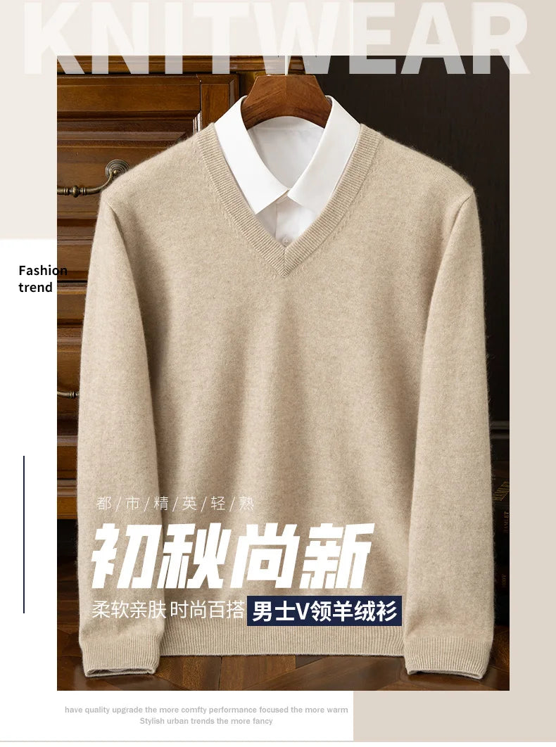 100% Cashmere Men's Pullover Casual Solid Color Knitted Sweater Loose Pull V-Neck Tops Basic Versatile Jumper