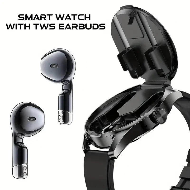 New TWS men's and women's watches, 2-in-1 smart watch, supports wireless calling, stylish round alloy case, intelligent sports f