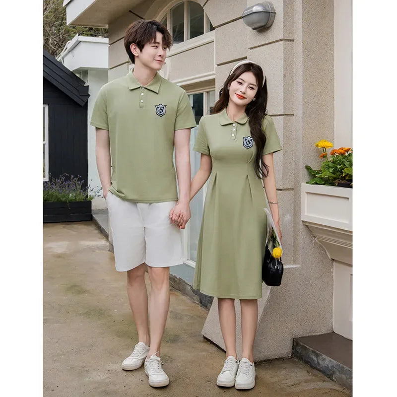 Mom and Daughter Girls Short Sleeve Couples Dresses Dad and Son Matching Clothes Polo Shirts Green Family Clothing  Summer