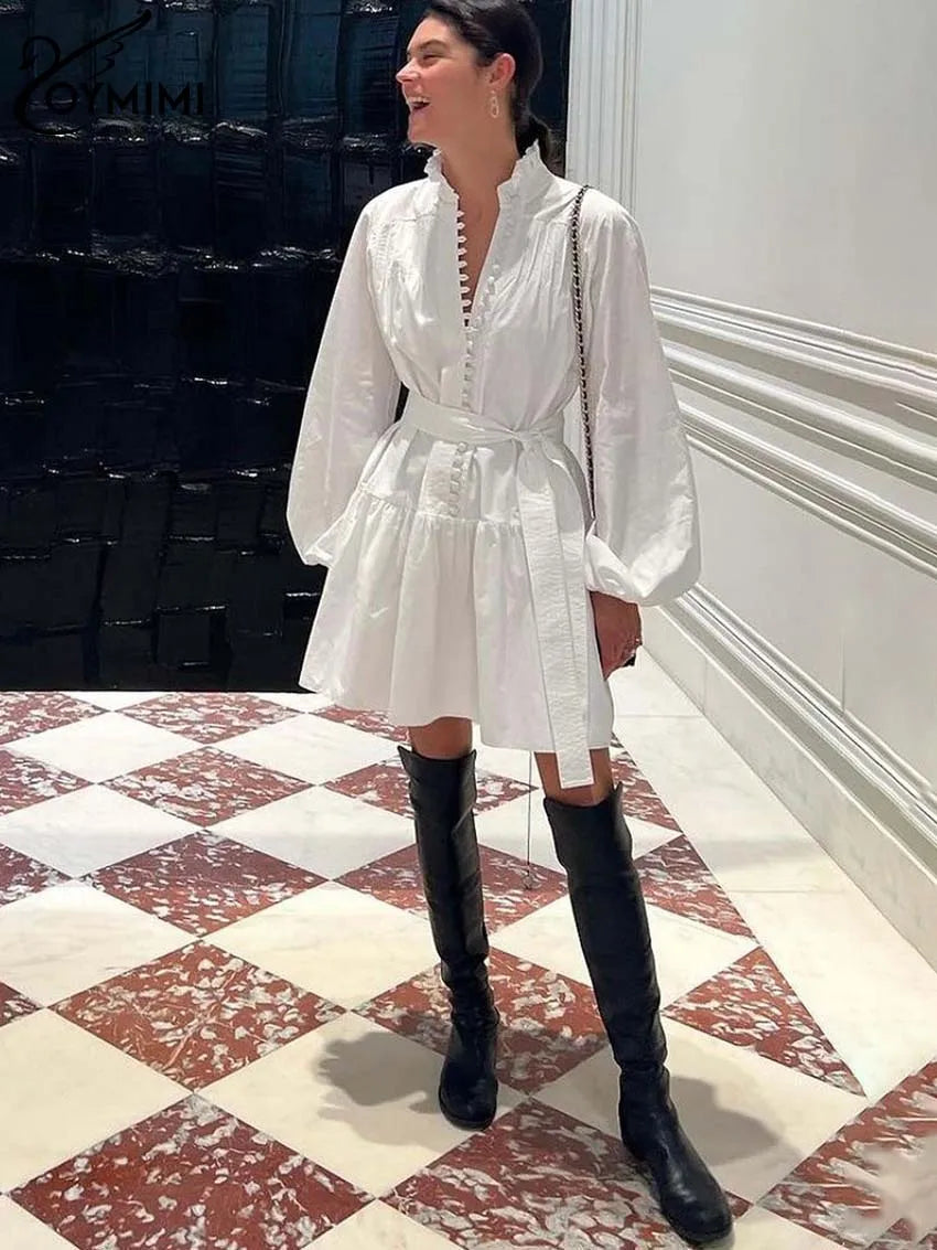 Oymimi Elegant White Cotton Women's Dress Casual Ruffled Collar Long Sleeve Single Breasted Dresses Fashion Lace-Up Mini Dresses