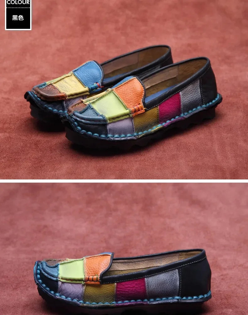 Birkuir Retro Mixed Colors Flats Women Shoes Soft Soles Loafers Shoes Genuine Leather Slip On Luxury Casual size 41 42 Shoes