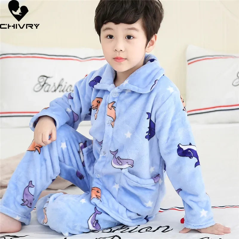 New Kids Flannel Pajama Sets Boys Girls Autumn Winter Thicken Warm Home Wear Cartoon Lapel Long Sleeve Sleeping Clothing Sets