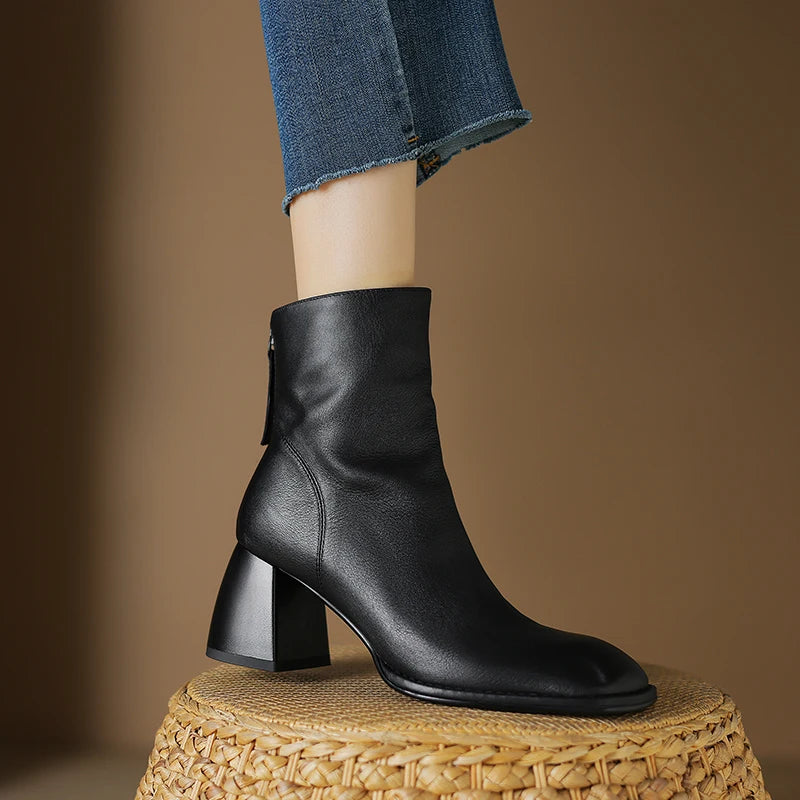 2024 Autumn/winter Women Boots High Heels Square Toe Short Boots Women Shoes Office Lady Gladiator Lady Shoes Genuine Leather