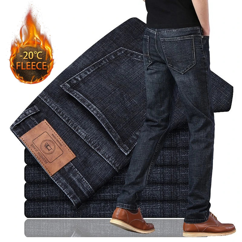 Brand Men Jean Warm Autumn Winter Loose Straight Jeans Male Casual Fleece Lined Thickened Denim Pant Elastic Waist High Trousers