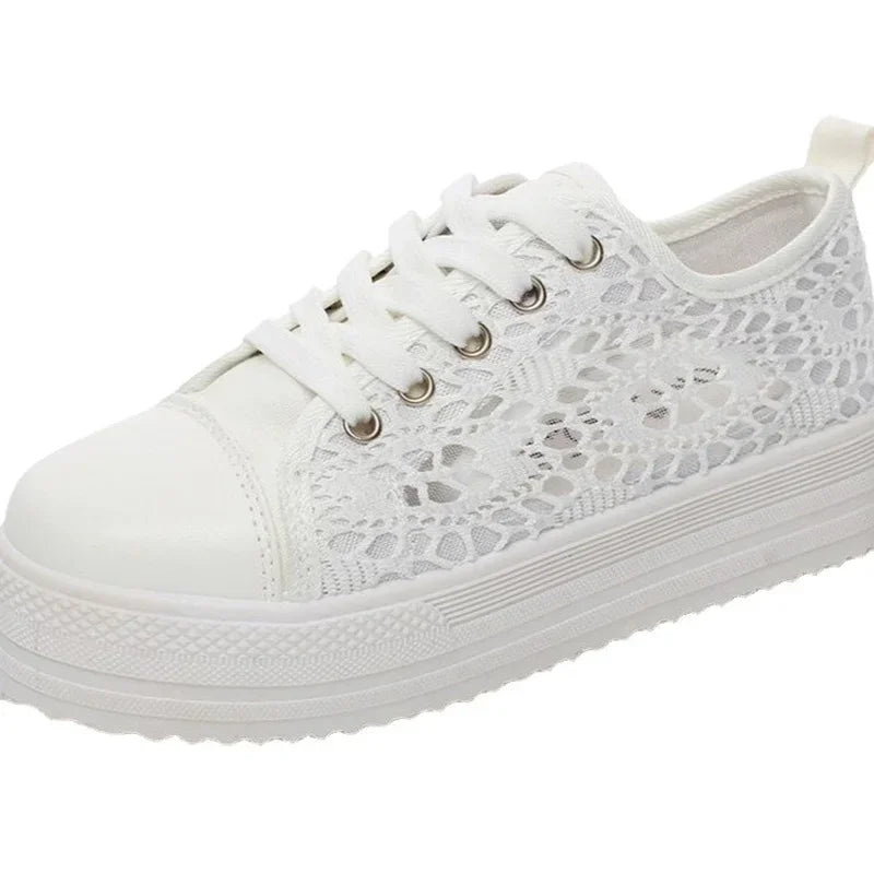 Women Shoes 2025 Fashion Summer Casual White Shoes Cutouts Lace Canvas Hollow Breathable Platform Flat Shoes Woman Sneakers