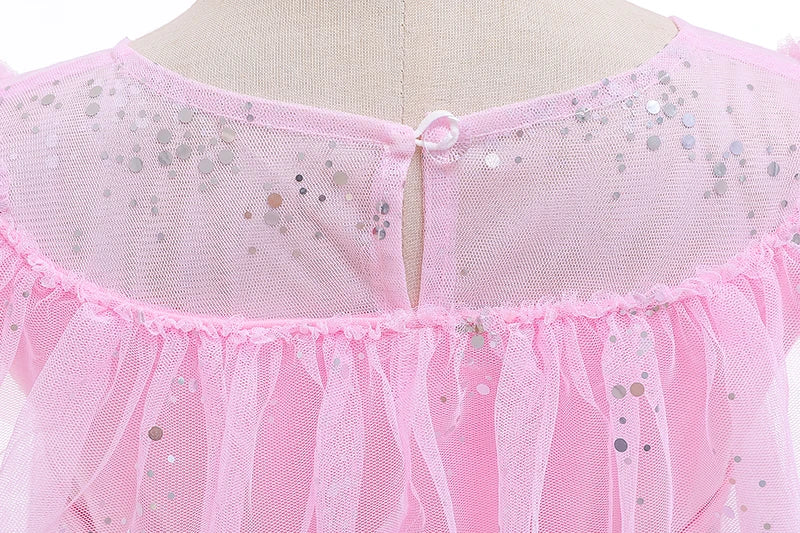 Girls pink sequined mesh princess dress, mesh short sleeves, with cape, suitable for party, dance, performance, carnival dress