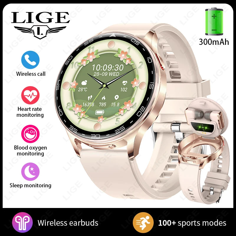 LIGE 2 In 1 TWS Headset Smart Watch 1.39" Women Men Sport Fitness Heart Rate Health Tracker Watches Earphone Music Smartwatch