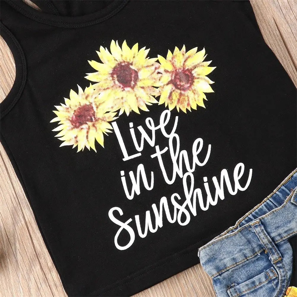 Toddler Girl Clothes Set Sleeveless Sunflower Letter Print Tank Tops with Denim Short Pants Summer Children's Sets