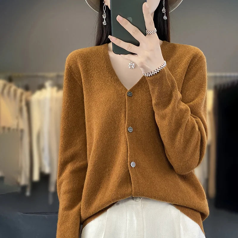 New Fashion Spring Autumn 100% Merino Wool Women's V-neck Cardigan Cashmere Sweater 2024 Female Knitwear Clothing Korean Tops