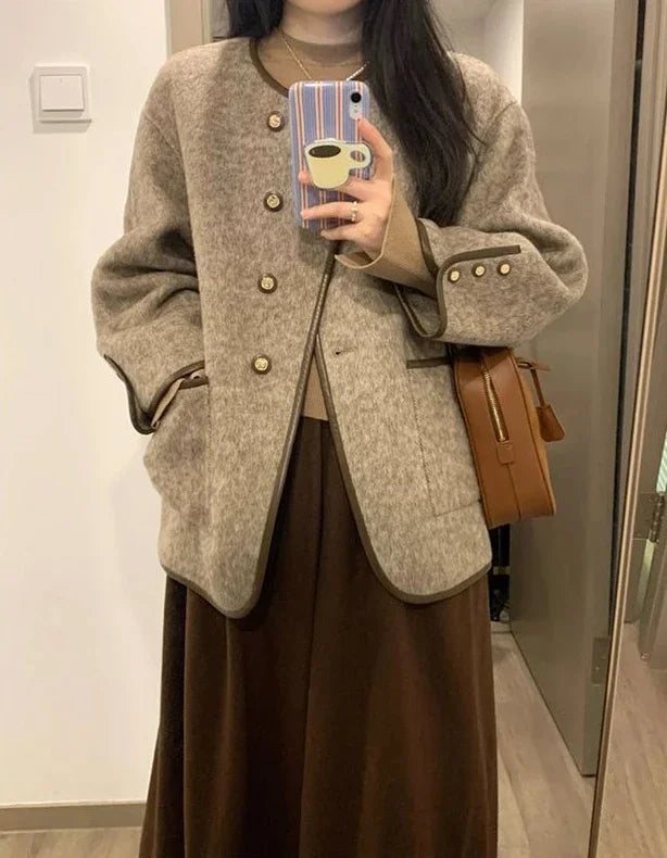 Wool Blend Coat for Women Short Plain Half Long Sleeve Elegant Mixtures Jacket Woman Fashion 2025 Winter Clothes Single Cheap