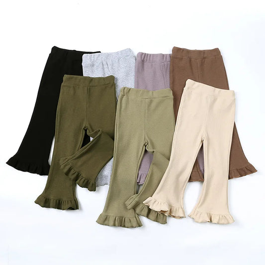 Pantalones para niños, mallas elásticas lisas, pantalones con volantes de algodón para niños de 1 a 8 años, pantalones con corte de bota, pantalones acampanados para niñas pequeñas