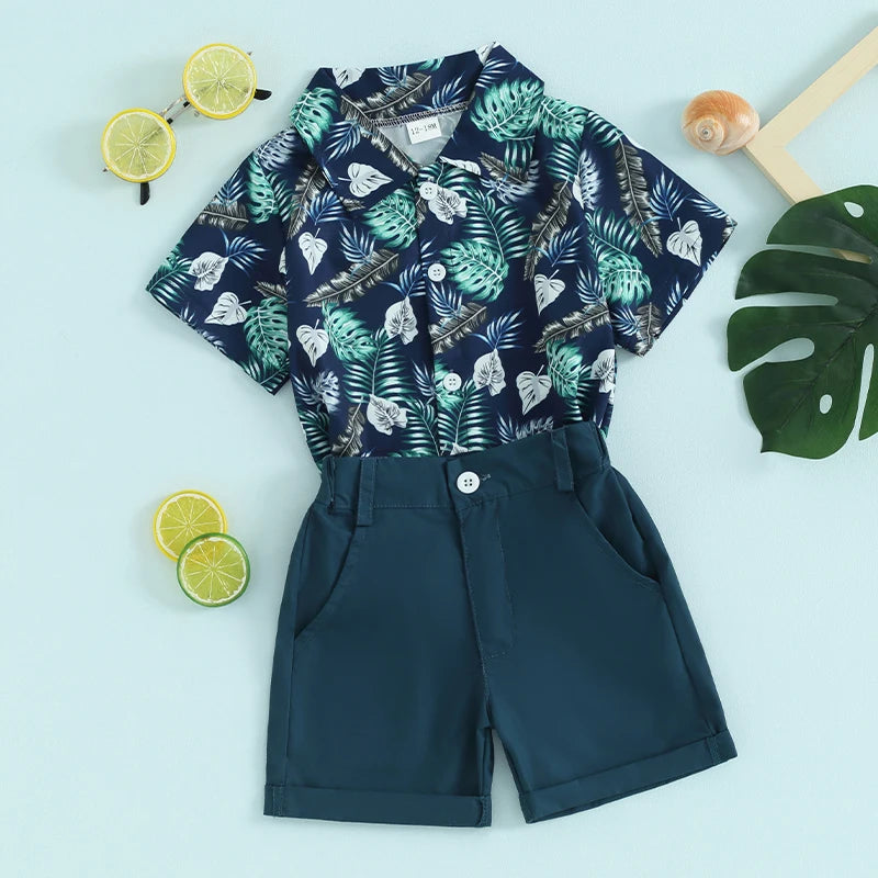 Ropa de verano para bebé niño, camisa hawaiana con botones, Tops con pantalones cortos, 2T, 3T, 4T, 5T, 2 uds.