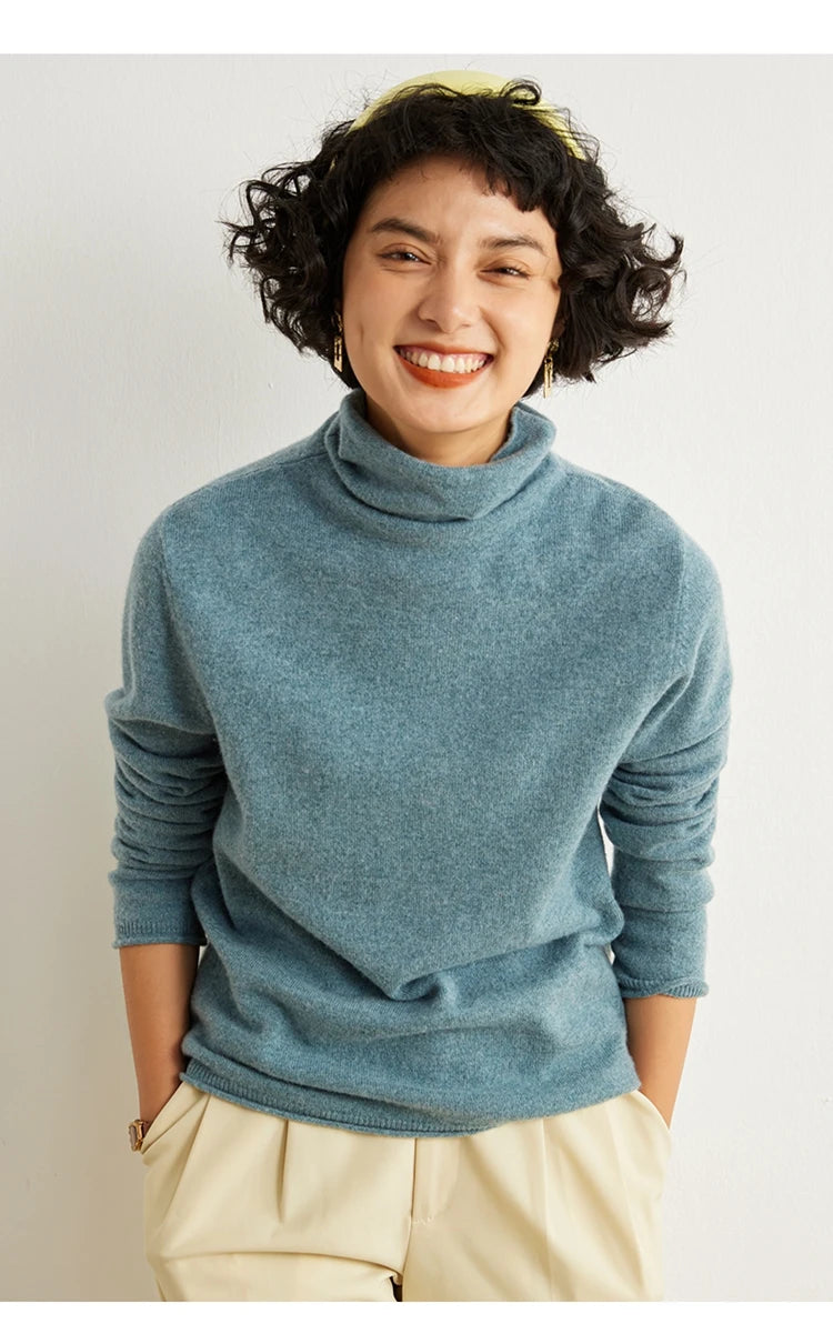 Women's 100% Cashmere Sweater Casual Solid Color Knitted Pullover Loose High Neck Jumper Autumn/Winter Warm Blouse Tops