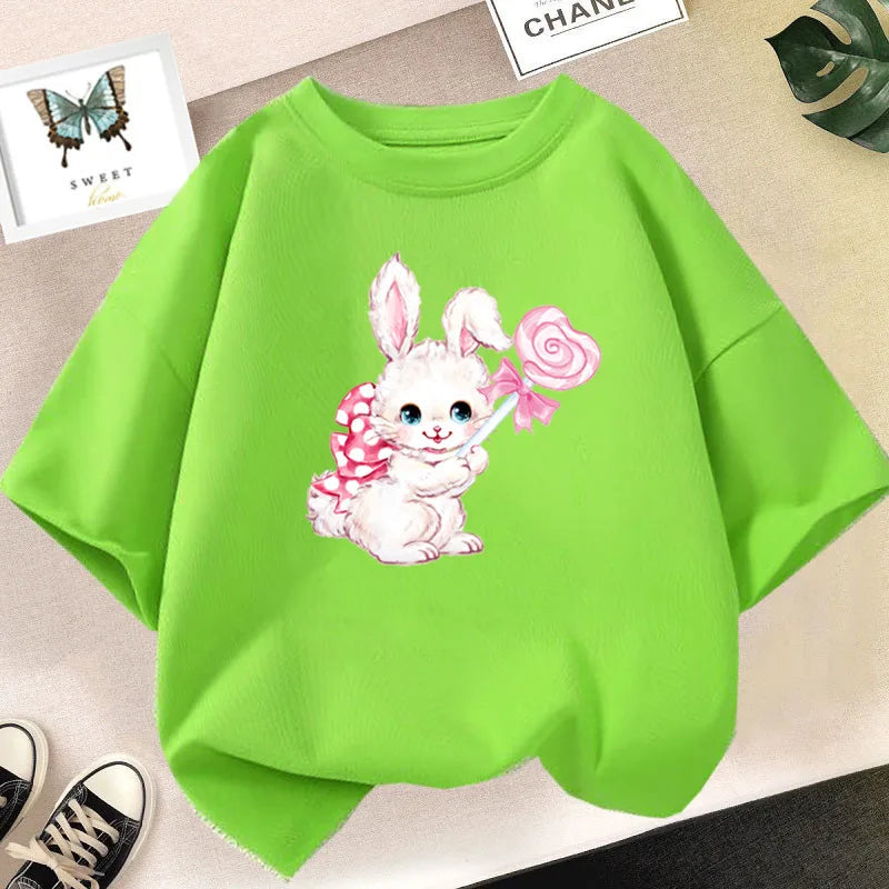 Cute Cartoon Rabbit Lollipop Print T Shirts Student Girls Kawaii Tee High Quality Cotton Summer Short Sleeve Casual Tops