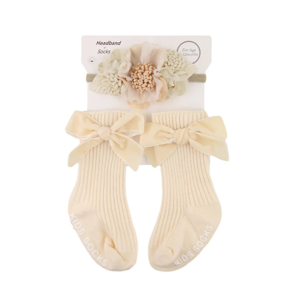 3Pcs/Set Ins Cream Color Latte Artificial Flower Headbands & Ribbed Short Socks Anti-Slip Cotton 0-12M Sockfor Infant Baby
