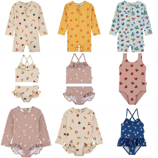 Traje de baño KU para niños, traje de baño para niñas con flores Kawaii BC Mr TAO, conjunto de traje de baño para niños, ropa de baño para niños, ropa de baño a juego para hermana y hermano