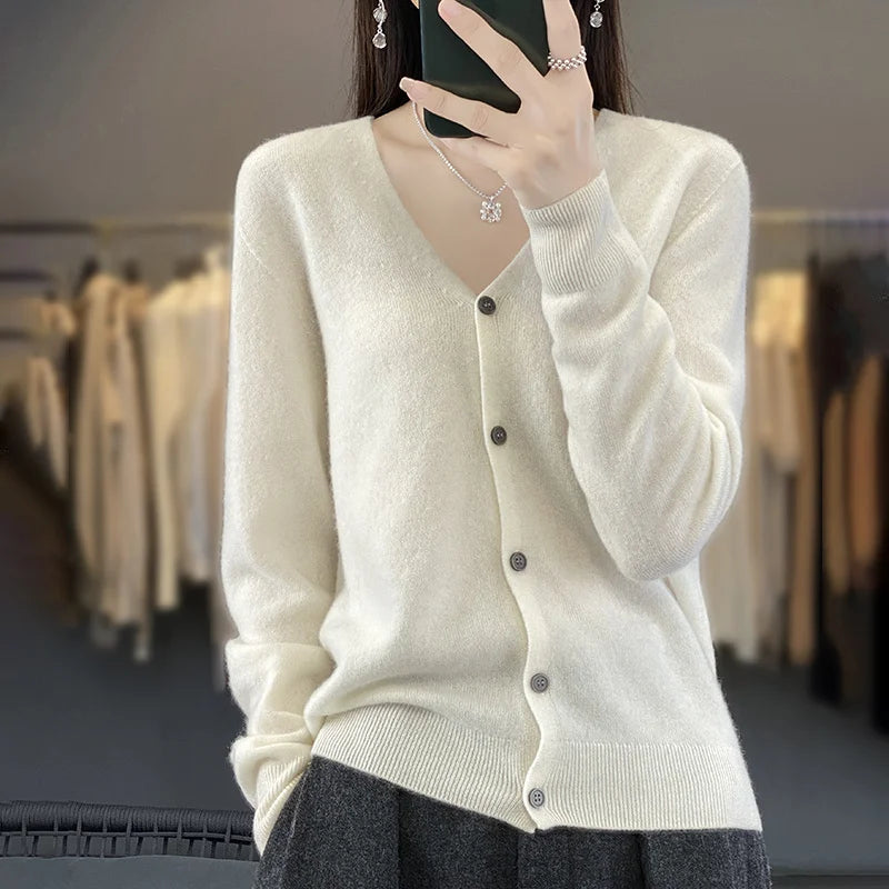 New Fashion Spring Autumn 100% Merino Wool Women's V-neck Cardigan Cashmere Sweater 2024 Female Knitwear Clothing Korean Tops