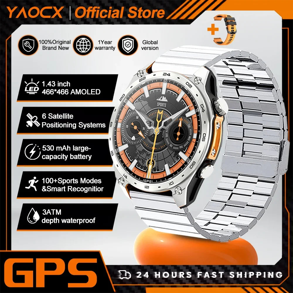 2026 New Smart Watch for Men with Built in GPS Maps 100+ Sport Modes 3ATM Waterproof BT Call MP3 MP4 Playback Altitude Compass
