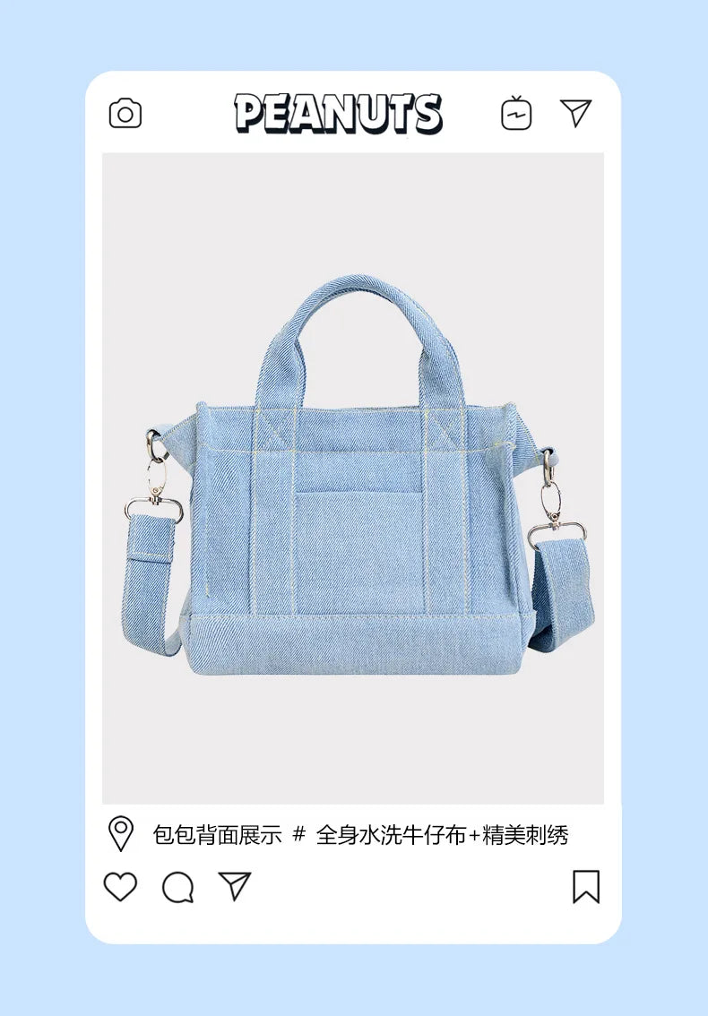 Kawaii Snoopy Denim Tote Bag Cartoon Animation Student Cute Tote Bag Embroidery Lunch Crossbody Bag