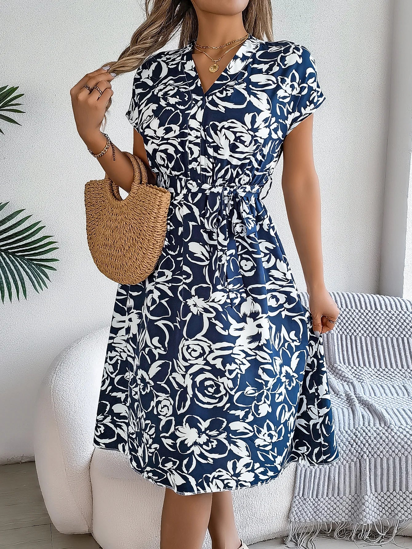 Spring Summer Casual Woman Dresses 2026 Fashion Buttons V Neck Flower Print Short Sleeve A Line Dress with Belt