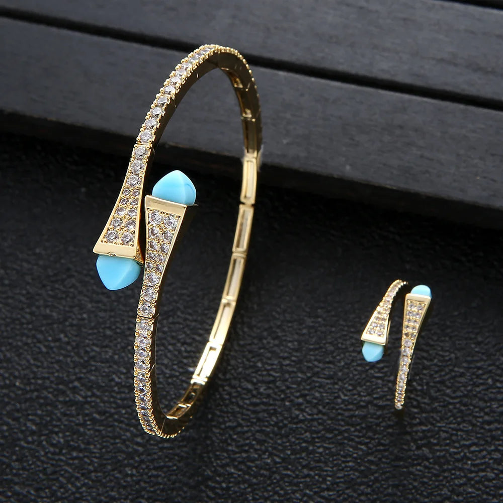 HIBRIDE Trendy Saudi Arabia Bangle Ring Set for Women Bridal Wedding Engagement Jewelry Sets brincos para as mulheres N-971