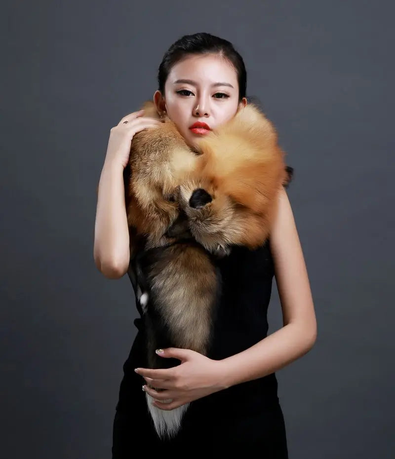 Winter Warm Large Real Fox Fur Collar Natural Fur Coat Scarves Luxury Women Men Jackets Hood Shawl Decor Female Neck Scarf Wraps