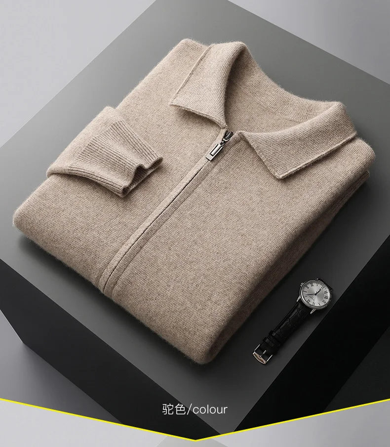 Men's Cardigan 100% Pure Cashmere Jacket Zippered Lapel Knit Sweater, Loose Thickened Long Sleeved Business Casual Autumn Winter