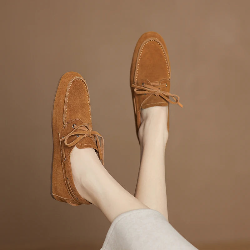 2026 New Spring Genuine Leather Women Shoes Round Toe Women Flats Shoes for Women Retro Lace Up Loafers Fashion Ladies Shoes