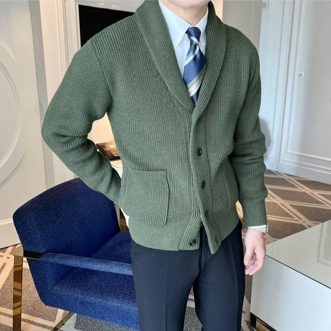 Men's Clothing Cardigan Jacket V Neck Coat Knit Sweater Male Plaid Elegant Casual Long Sleeve 100% Korean 2024 Autumn Classic