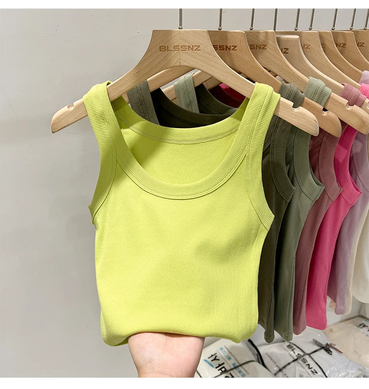 Women Solid Round Neck Ribbed Tank Top Camisole Women 2026 Summer Basic Elastic Tank Top O Neck Solid Tank Top