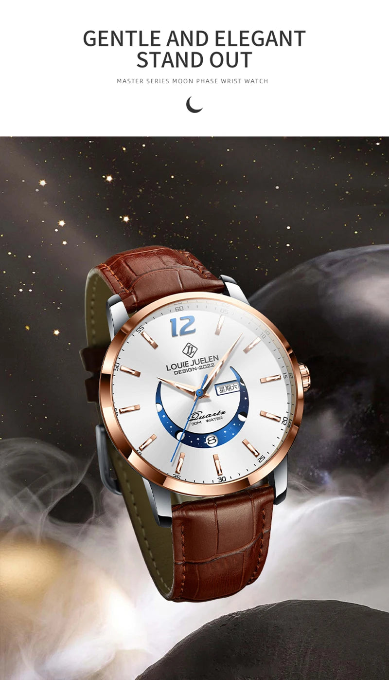 BELUSHI New Waterproof Men Watches Luxury Moon Phase Dial Luminous Male Clocks Date Week Leather Quartz Sport Watch For Man