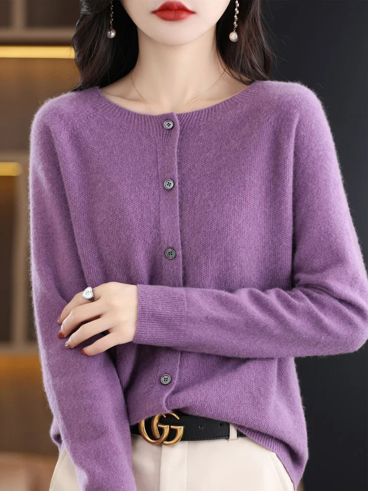 Women Cashmere Sweater 100% Merino Wool Knitted Cardigan Autumn Winter  Knitwear O-Neck Female  Solid Color Casual Fashion Top