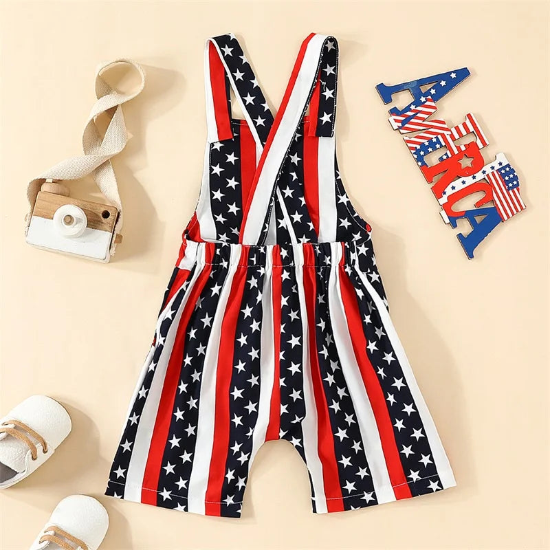 Toddler Baby Girl Boy 4th of July Outfit American Flag Overalls Romper with Pocket Patriotic Day  Jumpsuit