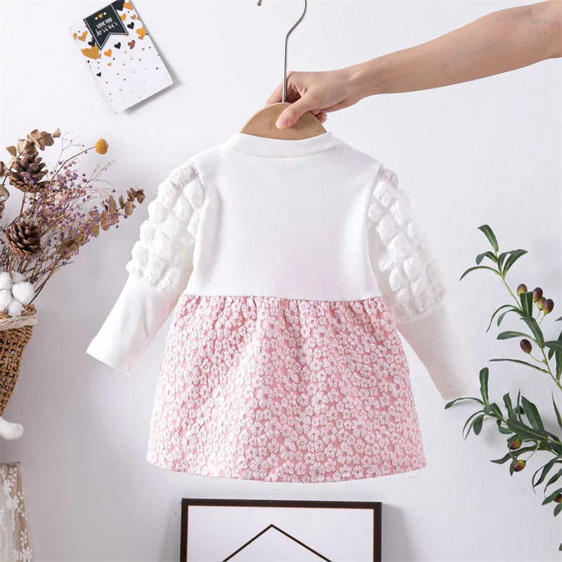 Vestido bonito para bebé de 0 a 2 años, vestido para niña recién nacida, vestido de manga larga con empalme de primavera, vestido bonito con lazo para niña pequeña