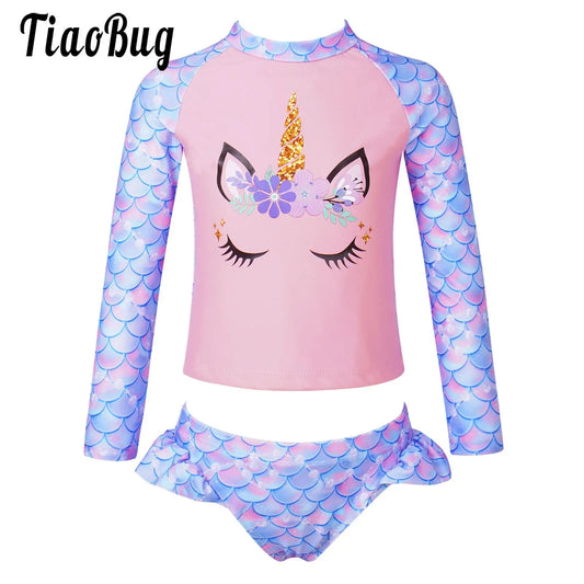 Girls Summer Printed Swimsuits Children Toddler Long Sleeve Tops Briefs Bikinis Set Bathing Suits Beachwear Swimwear 4-16 Years