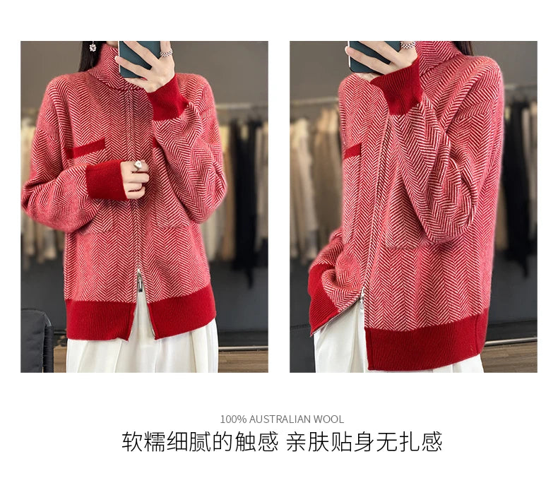 100% Merino Wool Women Sweater Casual Turtleneck Fancy Yard Cardigan Female Knitwear Long Sleeve Cashmere Overcoat Clothing Tops