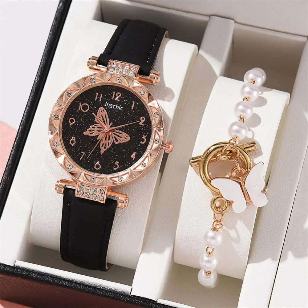 Women Fashion Watch Set No Box Quartz Wristwatch Luxury Crystal Rhinestone Pearl Quartz Watches Butterfly Watches Bracelet Set