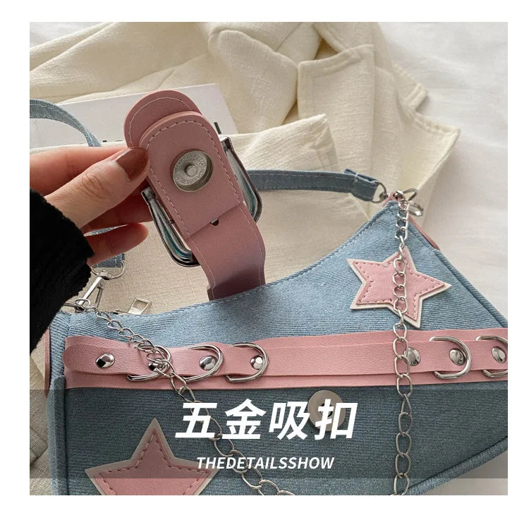 Y2k Hot Girls Denim Shoulder Bags Retro Rivet Star Women's Underarm Bag Portable Female Chain Armpit Bag Small Purse Handbags