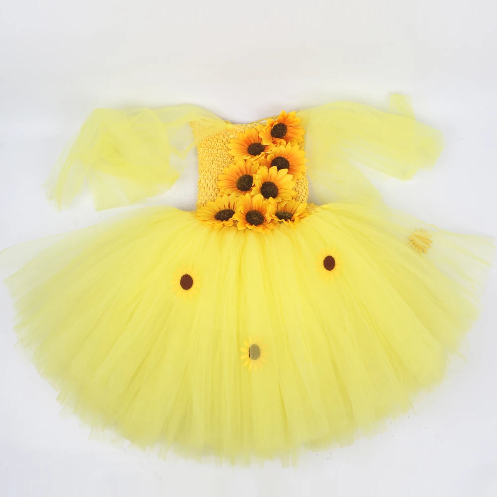 Yellow Sunflowers Costumes for Girls Fall Auturmn Fairy Outfit Flower Girl Dresses Kids Christmas Halloween Tutus Party Clothes