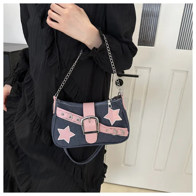 Y2k Hot Girls Denim Shoulder Bags Retro Rivet Star Women's Underarm Bag Portable Female Chain Armpit Bag Small Purse Handbags